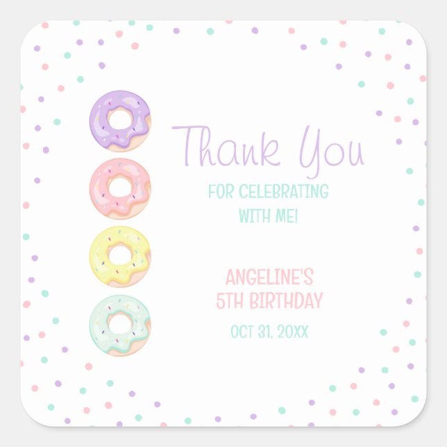 Adesivo Quadrado Colorful Sprinkle Sweet Donuts Kids Birthday (Frente)
