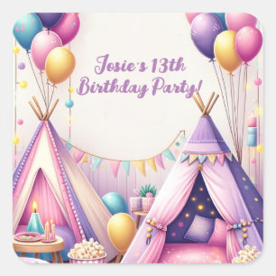 Adesivo Quadrado Colorida Charming Teepee Birthday Sleepover Party