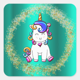 Adesivo Quadrado Colorida Glitter Unicorns Teal