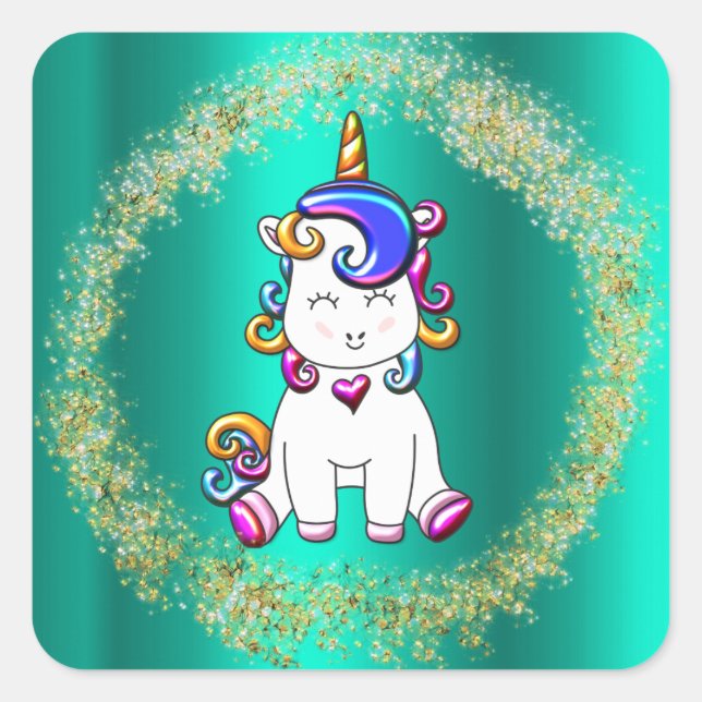 Adesivo Quadrado Colorida Glitter Unicorns Teal (Frente)