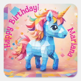 Adesivo Quadrado Colorida Unicorn Pinata Birthday