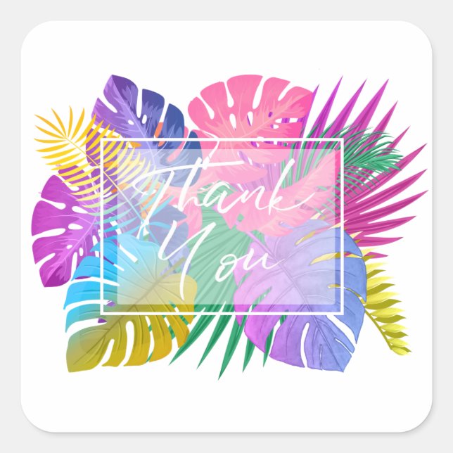 Adesivo Quadrado Coloridas Folhas Tropicais Obrigado ID575 (Frente)