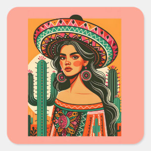 Adesivo Quadrado Colorido Cactus da Festa Mexicana
