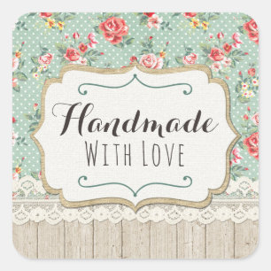 Adesivo Quadrado Com Chique De Amor, Rosas De Lace E Burlap
