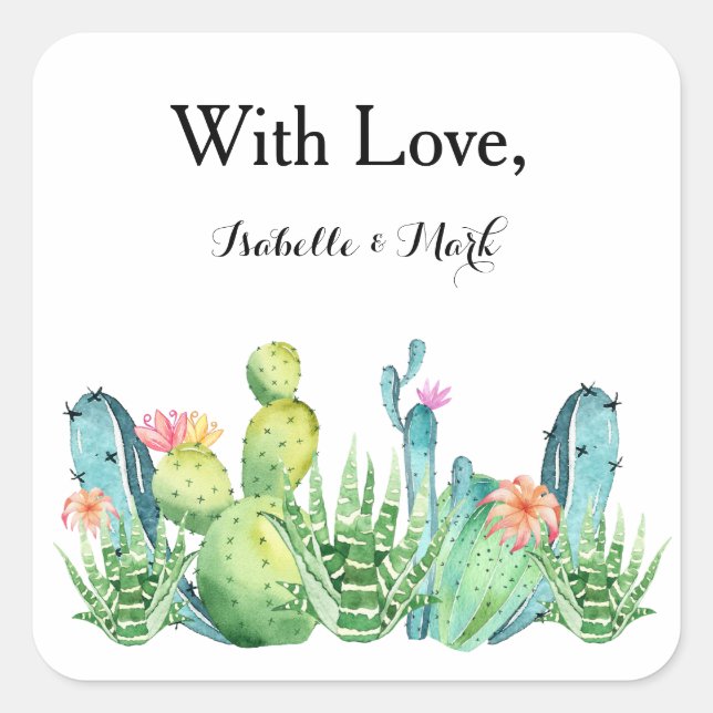 Adesivo Quadrado Com o Love Boho Cactus Invitation Envelope Sticker (Frente)
