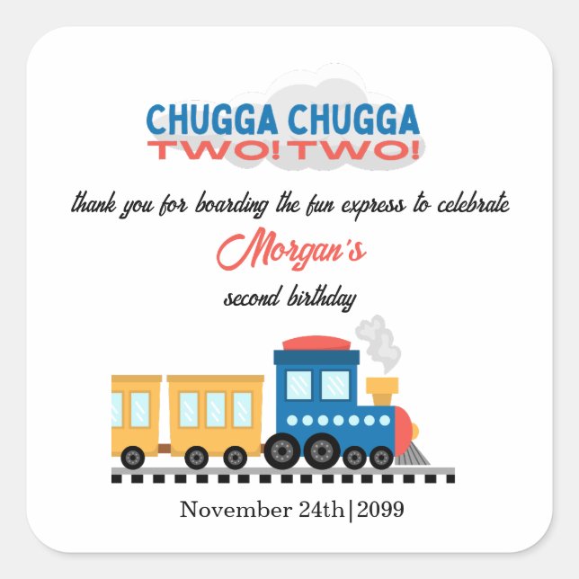 Adesivo Quadrado Comboio de Cartoon Colorido do segundo aniversário (Frente)