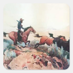 Adesivo Quadrado “Come A-Runnin” Arte Ocidental por Maynard Dixon