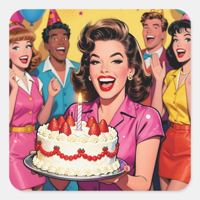 Adesivo Quadrado Comic Retro Pop Art Birthday Party Surpise (Frente)