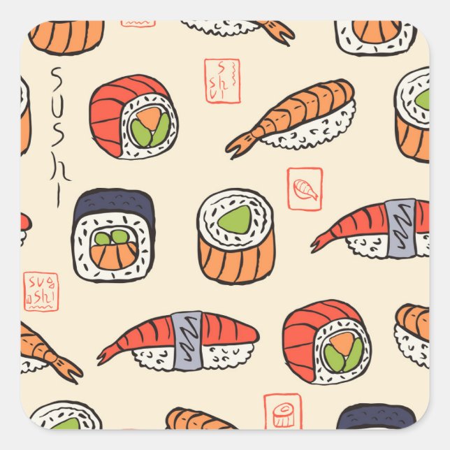 Adesivo Quadrado Comida sushi, design de padrão uniforme. (Frente)