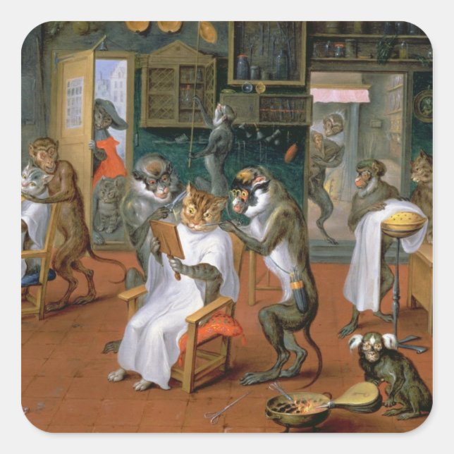 Adesivo Quadrado Compro de Barber com Macacos e Gatos (Frente)