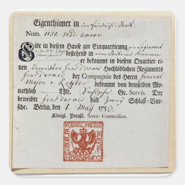 Adesivo Quadrado Comprovante de aquartelamento, 1759 (Frente)