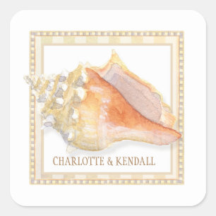 Adesivo Quadrado Conch Shell do damasco da praia que Wedding selos