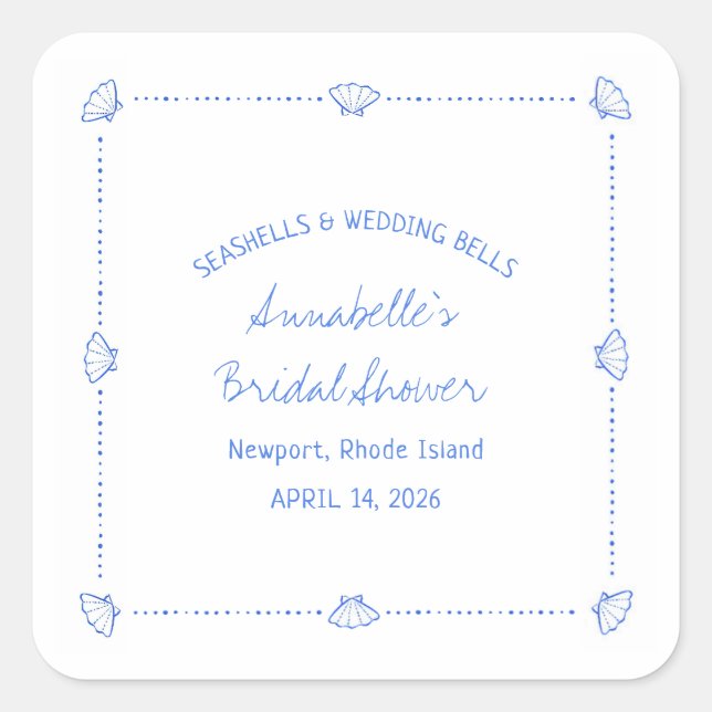 Adesivo Quadrado Conchas Desenhadas à Mão & Sininhos de Casamento C (Frente)