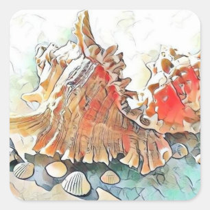 Adesivo Quadrado Conchas laranjas na pintura de aquarela da água da