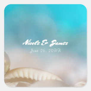 Adesivo Quadrado Conchas Marinhas Elegantes Casamento Tropical Azul