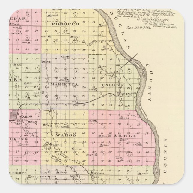 Adesivo Quadrado Condado de Saunders, Nebraska (Frente)