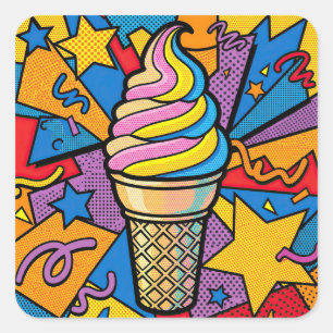 Adesivo Quadrado Cone de Sorvete e Arte Pop de Confetes