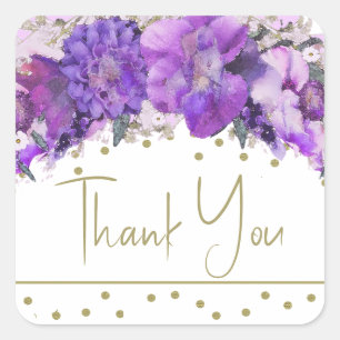 Adesivo Quadrado Confete Dourado Floral Roxo Obrigado