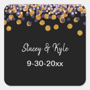 Adesivo Quadrado Confetti Bride e Groom com Data de Casamento