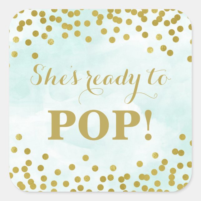 Adesivo Quadrado Confetti Dourado de Aquarela Azul Ela está pronta  (Frente)