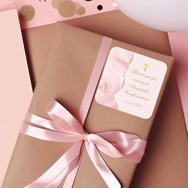 Adesivo Quadrado Confirmação Elegante Dourada, Cor-de-Rosa, Persona (Criador carregado)