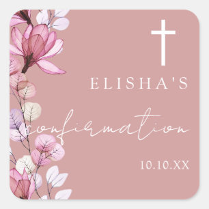 Adesivo Quadrado Confirmação Floral Elegante Cor-de-Rosa Dusty Rosa