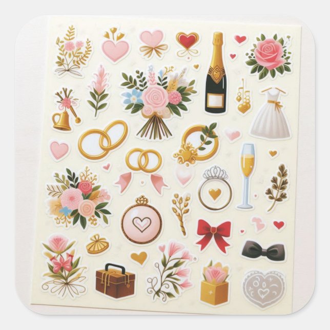 Adesivo Quadrado "Conjunto de Vinhetas de Celebração de Casamento" (Frente)
