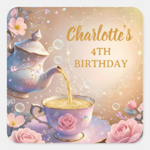 Adesivo Quadrado Conjunto de Xícara e Bule de Chá Floral - Festa de