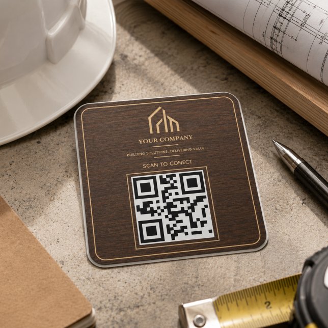 Adesivo Quadrado Construção de Código QR com Textura de Madeira Mod (Modern Wood Grain QR Code Construction Square Sticker
)