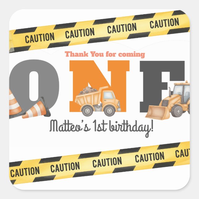 Adesivo Quadrado Construction Vehicles First Birthday Dump Truck (Frente)