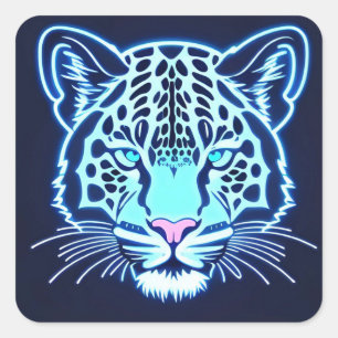 Adesivo Quadrado Contorno de Cabeça de Jaguar Neon em Fundo Escuro
