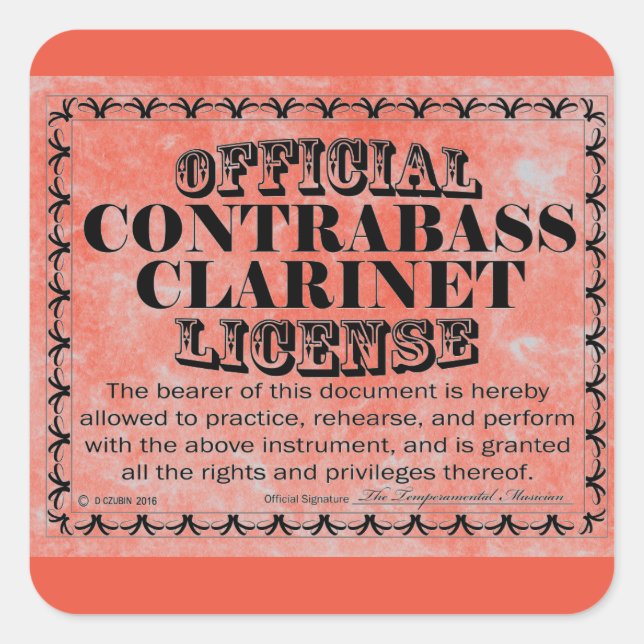 Adesivo Quadrado Contrabass Clarinet License Square Sticker (Frente)