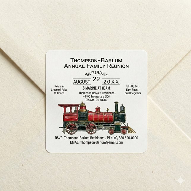 Adesivo Quadrado Convite à Reunião da Família de Comboios Vermelhos (Red Train Family Reunion Invitation Square Sticker)
