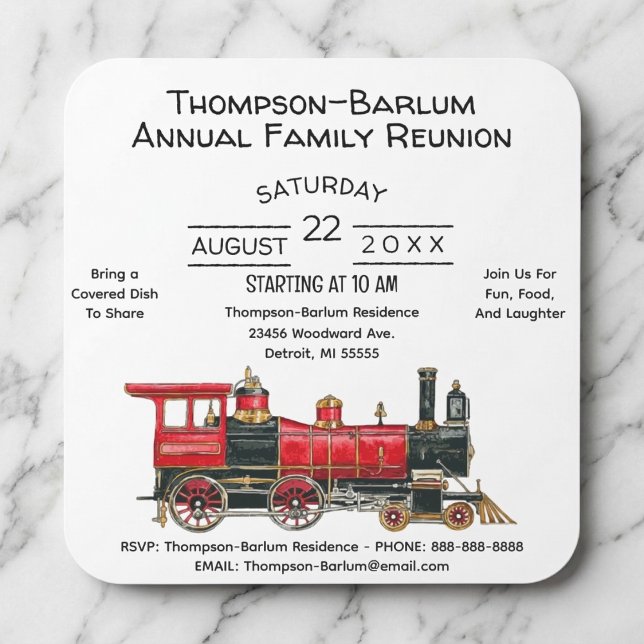 Adesivo Quadrado Convite à Reunião da Família de Comboios Vermelhos (Red Train Family Reunion Invitation Square Sticker)