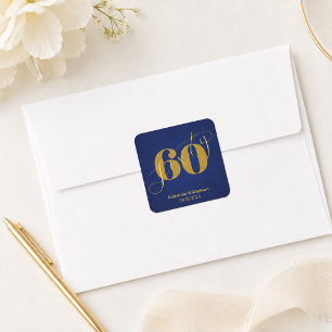 Adesivo Quadrado Convite de 60 Anos Azul e Dourado Elegante