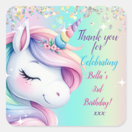 Adesivo Quadrado Convite de Aniversário do Sparkle Pastel Rainbow U