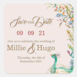 Adesivo Quadrado Convite de Casamento de Tema de Peacock