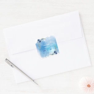 Adesivo Quadrado Convite de Casamento Floral Azul Elegante