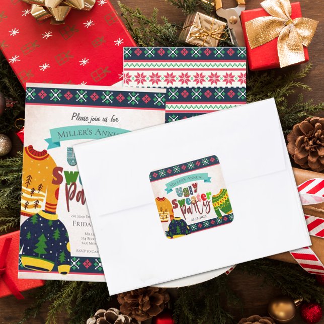 Adesivo Quadrado Convite de festas de Natal de Padrinho Feio (Ugly Sweater Pattern Christmas Party Invitation Square Sticker
)