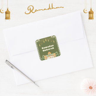 Adesivo Quadrado Convite de festas Iftar de Lanterna de Aquarela Mo