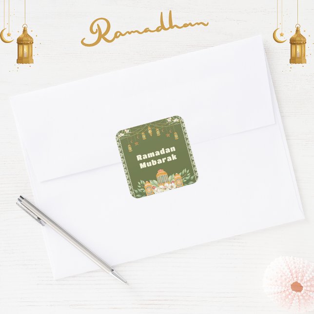 Adesivo Quadrado Convite de festas Iftar de Lanterna de Aquarela Mo (ramadan mubarak iftar sticker)