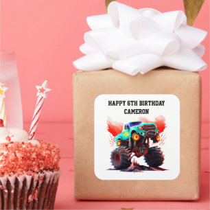 Adesivo Quadrado Convite de festas Monster Truck Aniversário de cri