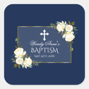 Adesivo Quadrado Convite para Batismo Floral Branco Azul, Marinho D