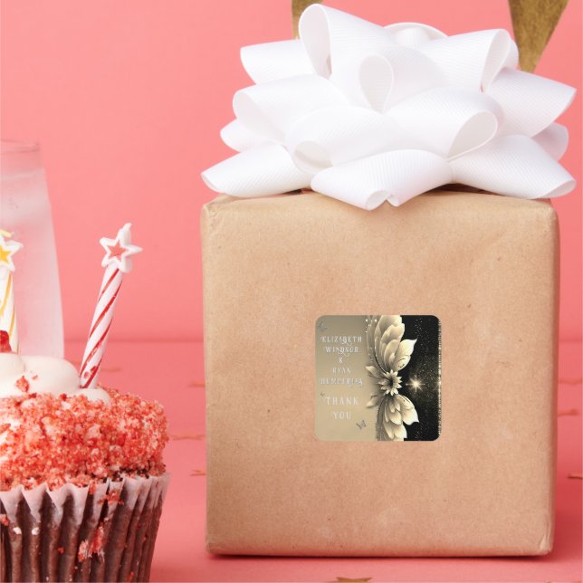 Adesivo Quadrado Convite para Casamento Dourado Floral Metálico Mod (Festa)