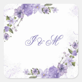 Adesivo Quadrado Convite para Casamento Floral de Púrpura Elegante