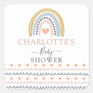 Adesivo Quadrado Convite para Chá de fraldas Arco-Íris Boho Waterco