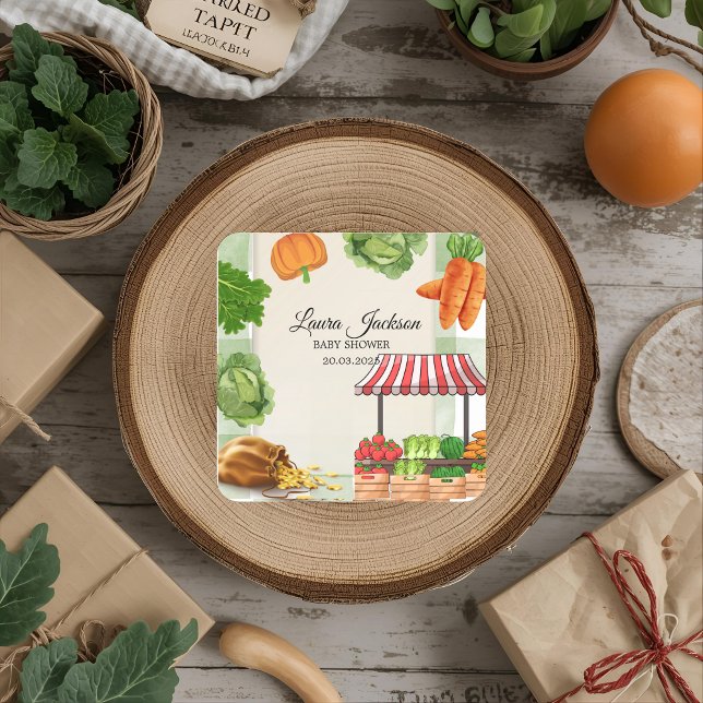 Adesivo Quadrado Convite para Chás de fraldas do Mercado de Agricul (Criador carregado)