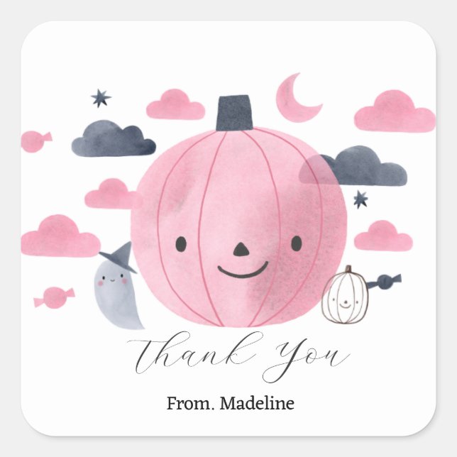 Adesivo Quadrado convites de aniversário de abóbora rosa-fofinho (Frente)