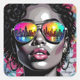 Adesivo Quadrado Cool Comic Woman in City with Sunglasses