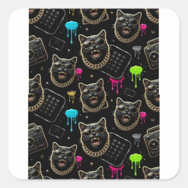 Adesivo Quadrado Cool Gangster Cat Neon Graffiti Streetwear Planner